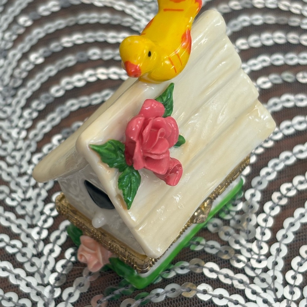 1960s Ceramic Birdhouse Trinket Box with Yellow Bird